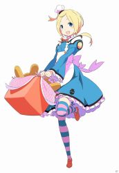 Rule 34 | 10s, 1girl, basket, blonde hair, blue eyes, bread, collette (conception), conception: ore no kodomo wo undekure!, conception ore no kodomo wo undekure!, dress, food, highres, ootsuka shin&#039;ichirou, ootsuka shinichi, socks, solo, spike (company), striped clothes, striped socks, striped thighhighs, thighhighs