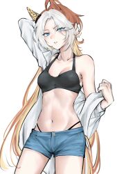 Rule 34 | 1girl, absurdres, aburi-gatana, ahoge, animal ears, arm behind head, bikini, bikini under clothes, black bikini, blue eyes, blue shorts, breasts, cleavage, clothes lift, collarbone, commentary request, cowboy shot, ear covers, groin, halterneck, hand in own hair, highres, horse ears, horse girl, horse tail, long hair, looking at viewer, multicolored hair, navel, open mouth, orange hair, orfevre (umamusume), parted lips, shirt, short shorts, shorts, simple background, single bare shoulder, single ear cover, small breasts, solo, standing, swimsuit, tail, two-tone hair, umamusume, undressing, very long hair, white background, white hair, white shirt
