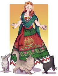 Rule 34 | 1girl, absurdres, alternate costume, animal print, bird, cat, commentary, dress, eagle, english commentary, floral print, flower, full body, green eyes, highres, hong meiling, long hair, looking down, mefomefo, mexican dress, mexico, real life, simple background, skirt, smile, snake, touhou, white background