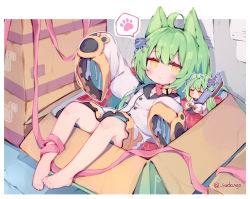 Rule 34 | ahoge, akashi (azur lane), animal ears, azur lane, barefoot, bell, bow, box, cardboard box, cat ears, commentary, dress, gem, green hair, hair between eyes, hair ornament, in box, in container, indoors, jingle bell, long hair, long sleeves, looking at viewer, neck bell, pink ribbon, red bow, red gemstone, ribbon, sleeves past fingers, sleeves past wrists, spoken paw, sudango, twitter username, very long hair, white dress, wide sleeves, wrench, yellow eyes