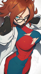 Rule 34 | 1girl, android 21, artist name, black sleeves, blue eyes, breasts, brown hair, checkered clothes, checkered dress, cleavage, closed mouth, detached sleeves, dragon ball, dragon ball fighterz, dress, earrings, glasses, hata4564, highres, jewelry, lab coat, large breasts, long hair, looking at viewer, messy hair, muscular, muscular female, simple background, smile, solo, standing, torn clothes, torn dress, white background
