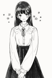 Rule 34 | 1girl, :d, absurdres, bad id, bad pixiv id, blush, collared shirt, commentary request, dress shirt, flower, grey background, greyscale, hair flower, hair ornament, hairclip, head tilt, high-waist skirt, highres, long hair, long sleeves, looking at viewer, monochrome, neck ribbon, open mouth, original, pleated skirt, puffy long sleeves, puffy sleeves, ribbon, shii (kairi-t-k0317), shirt, simple background, skirt, smile, solo