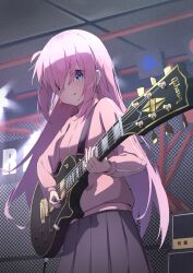 Rule 34 | 1girl, absurdres, blue eyes, bocchi the rock!, closed mouth, electric guitar, gibson les paul, gotoh hitori, grey skirt, guitar, hair between eyes, hair over eyes, highres, holding, holding instrument, instrument, jacket, long hair, long sleeves, music, pink hair, pink jacket, playing instrument, pleated skirt, sidelocks, skirt, solo, sweat, taitan, track jacket