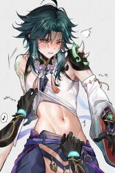 Rule 34 | 2boys, aether (genshin impact), arm tattoo, bead necklace, beads, black gloves, blush, clothes lift, facial mark, forehead mark, genshin impact, gloves, green hair, highres, jewelry, keusthedoggie, male focus, midriff, multicolored hair, multiple boys, navel, necklace, shirt lift, stomach, tattoo, teeth, xiao (genshin impact), yaoi, yellow eyes