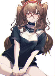 Rule 34 | 1girl, absurdres, alternate costume, angelina (arknights), animal ears, arknights, bespectacled, black shirt, blush, brown hair, closed mouth, collar, fox ears, glasses, hairband, heart, highres, infection monitor (arknights), long hair, looking at viewer, red-framed eyewear, red eyes, red hairband, shirt, short sleeves, simple background, sitting, solo, soranagi (una123), twintails, white background