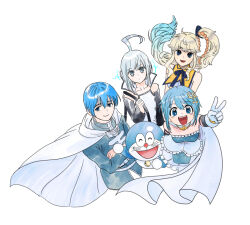 Rule 34 | 1boy, 3girls, ^ ^, ahoge, arm up, black eyes, black sleeves, blonde hair, blue eyes, blue hair, cape, character request, closed eyes, closed mouth, color connection, color wheel challenge, commentary request, copyright request, crossed arms, crossover, detached sleeves, doraemon, doraemon (character), dress, expressionless, fortissimo, gloves, goldenriver8, gradient hair, grey cape, grey hair, grey jacket, grey shirt, hair ornament, headphones, himmel (sousou no frieren), jacket, korean commentary, long hair, long sleeves, looking at viewer, looking up, mahou shoujo madoka magica, miki sayaka, mole, mole under eye, multicolored hair, multiple crossover, multiple drawing challenge, multiple girls, musical note, musical note hair ornament, shirt, short hair, side ponytail, sleeveless, sleeveless shirt, smile, sousou no frieren, strapless, strapless dress, utatane piko, v, vocaloid, white gloves