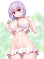 Rule 34 | 10s, 1girl, asamura hiori, bikini, blush, breasts, cellphone, commentary request, frilled bikini, frills, gridman universe, highres, holding, holding phone, large breasts, light purple hair, looking at viewer, navel, open mouth, phone, pink eyes, shinjou akane, short hair, smartphone, solo, ssss.gridman, swimsuit, white bikini