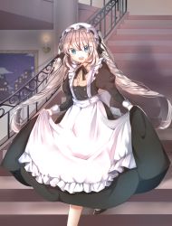 Rule 34 | 1girl, :d, alternate costume, apron, bad id, bad pixiv id, blue eyes, blurry, building, candle, clothes lift, depth of field, drill hair, enmaided, fate/grand order, fate (series), long hair, looking at viewer, maid, maid apron, maid headdress, marie antoinette (animejapan 2016) (fate), marie antoinette (fate), official alternate costume, open mouth, painting (object), seno (senohime), silver hair, skirt, skirt lift, skyscraper, smile, solo, stairs, twin drills, twintails