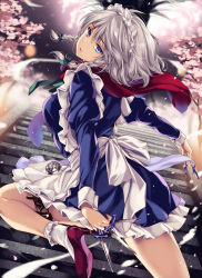Rule 34 | 1girl, apron, between fingers, blue dress, blue eyes, bobby socks, bow, braid, breasts, cherry blossoms, commentary request, cowboy shot, dress, frilled apron, frills, green bow, green ribbon, hair between eyes, hair bow, hakugyokurou, head tilt, high heels, highres, holding, holding knife, holding weapon, holster, izayoi sakuya, juliet sleeves, knife, knives between fingers, leg up, lipstick, long sleeves, looking at viewer, looking back, maid, maid apron, maid headdress, makeup, medium breasts, monety, neck ribbon, parted lips, perfect cherry blossom, petals, pink lips, pocket watch, puffy sleeves, red footwear, red scarf, ribbon, saigyou ayakashi, scarf, short hair, silver hair, socks, solo, stairs, thigh holster, thighs, touhou, tree, twin braids, waist apron, watch, weapon, white apron, white socks