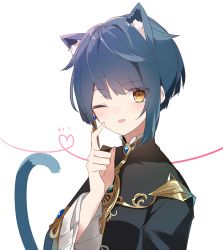 Rule 34 | 1boy, ;d, a.a (aa772), animal ear fluff, animal ears, black jacket, blue hair, blush, brown eyes, cat boy, cat ears, cat tail, earrings, frilled sleeves, frills, genshin impact, hair between eyes, heart, jacket, jewelry, kemonomimi mode, long sleeves, looking at viewer, male focus, one eye closed, open mouth, simple background, smile, solo, tail, tail raised, upper body, white background, wide sleeves, xingqiu (genshin impact)