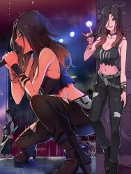 2girls, belt buckle, boots, bracelet, breasts, buckle, choker, cleavage, commentary request, crop top, electric guitar, gradient hair, guitar, hair over one eye, high heel boots, high heels, highres, instrument, jewelry, large breasts, long hair, makeup, microphone, midriff, multicolored hair, multiple girls, narration, navel, original, pants, screaming, shirt, skull belt, skull necklace, smile, speech bubble, torn clothes, torn pants, torn shirt, translation request, wakamatsu372, wallet chain