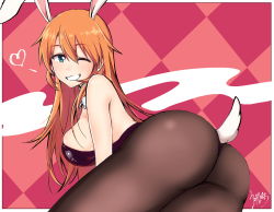 Rule 34 | 1girl, absurdres, animal ears, ass, blue eyes, blush, breasts, brown hair, charlotte e. yeager, detached collar, emirio (emirio110), fake animal ears, hair between eyes, highres, large breasts, leotard, one eye closed, pantyhose, playboy bunny, rabbit ears, rabbit girl, rabbit tail, skindentation, smile, solo, strike witches, tail, world witches series