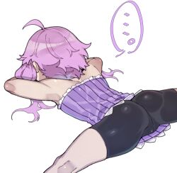 Rule 34 | ..., 1girl, ahoge, armpits, arms up, ass, bike shorts, cameltoe, commentary request, crossed arms, dress, facing away, feet out of frame, highres, kneepits, light purple hair, lying, microdress, on stomach, purple dress, ribbed dress, short hair with long locks, simple background, solo, split, spoken ellipsis, straddle split, strapless, strapless dress, toriniku29, vocaloid, voiceroid, white background, yuzuki yukari