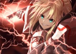 Rule 34 | 1girl, absurdres, armor, blonde hair, blue eyes, clarent (fate), dutch angle, fate/grand order, fate (series), highres, huge filesize, koisuke, lightning, mordred (fate), mordred (fate/apocrypha), ponytail, red background, red scrunchie, scrunchie, smile, solo, sword, v-shaped eyebrows, weapon