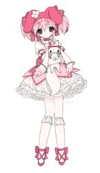 Rule 34 | 1girl, animal hat, bubble skirt, choker, cosplay, creature, dress, frilled dress, frilled sleeves, frilled socks, frills, full body, hat, holding, holding creature, kaname madoka, kaname madoka (magical girl), kyubey, looking at viewer, magical girl, mahou shoujo madoka magica, mahou shoujo madoka magica (anime), my melody, my melody (cosplay), onegai my melody, pink choker, pink dress, pink eyes, pink footwear, pink hair, pink hat, puffy short sleeves, puffy sleeves, rabbit hat, sanrio, shoes, short sleeves, short twintails, sidelocks, skirt, socks, solo, twintails, u emper, white socks