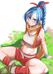 Rule 34 | 1girl, absurdres, belt, blue eyes, blue hair, blush, braid, breasts, clenched teeth, commentary request, dragon quest, dragon quest xi, hair ribbon, highres, long hair, looking at viewer, maya (dq11), medium breasts, megao 3rd, midriff, red footwear, red ribbon, red shorts, red vest, ribbon, shirt, shorts, single braid, sitting, solo, teeth, vest, white belt, white shirt