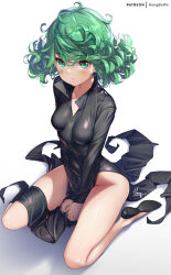 Rule 34 | 1girl, black dress, blush, breasts, collared dress, curly hair, dress, green eyes, green hair, hong (white spider), long sleeves, looking at viewer, one-punch man, short hair, side slit, sitting, small breasts, solo, tatsumaki, thighs, wariza