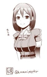 Rule 34 | 10s, 1girl, alternate hair length, alternate hairstyle, arms at sides, asymmetrical gloves, bow, breasts, chikuma (kancolle), commentary request, elbow gloves, gloves, hair between eyes, jacket, kantai collection, large breasts, looking at viewer, monochrome, sazanami konami, short hair, short sleeves, sketch, smile, solo, translation request, twitter username, uneven gloves, upper body, white background