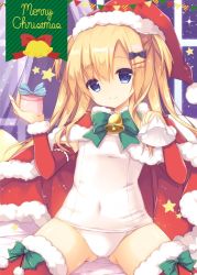 Rule 34 | 1girl, arm up, ass, bell, blonde hair, blue eyes, bow, cape, christmas, commentary request, covered navel, fur trim, gift, hair bow, hair ornament, hairclip, hat, holding, long hair, one-piece swimsuit, original, purinpurin, red cape, red hat, red thighhighs, ribbon, santa hat, school swimsuit, sitting, smile, solo, spread legs, swimsuit, thighhighs, thighs, two side up, white one-piece swimsuit, white school swimsuit