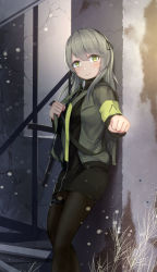 Rule 34 | 1girl, black pantyhose, black shirt, black skirt, camouflage, camouflage jacket, closed mouth, feet out of frame, girls&#039; frontline, green eyes, grey hair, gun, h&amp;k ump, hair ribbon, highres, jacket, long hair, looking at viewer, open clothes, open jacket, pantyhose, ribbon, shirt, skirt, smile, solo, standing, submachine gun, ump40 (girls&#039; frontline), weapon, weapon on back, wo you yibei jia wanli