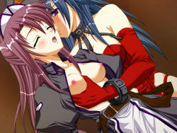 Rule 34 | 2girls, blue hair, blush, grabbing another&#039;s breast, breasts, collar, dominatrix, closed eyes, femdom, game cg, grabbing, long hair, maid, multiple girls, nipples, open clothes, open mouth, open shirt, purple eyes, shirt, source request, wrist cuffs, yuri