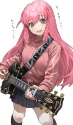 Rule 34 | 1girl, absurdres, bad id, bad twitter id, black skirt, black socks, blue eyes, blush, bocchi the rock!, flying sweatdrops, gotoh hitori, guitar, high collar, highres, holding, holding plectrum, instrument, jacket, kneehighs, long hair, long sleeves, looking at viewer, miniskirt, nervous smile, one side up, open clothes, open jacket, open mouth, pink hair, pink jacket, plectrum, simple background, skirt, smile, socks, solo, tachibana wataru (123tsuki), translation request, white background