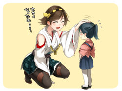 Rule 34 | 10s, 2girls, aged down, bare shoulders, detached sleeves, headgear, headpat, hiei (kancolle), houshou (kancolle), japanese clothes, kantai collection, long hair, multiple girls, nakaya 106, nontraditional miko, pantyhose, short hair, simple background, smile, thighhighs, translated