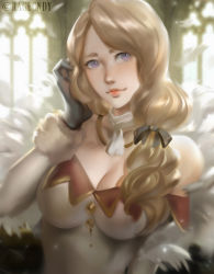 Rule 34 | 1girl, alternate costume, artist name, bare shoulders, blonde hair, bow, breasts, choker, cleavage, curly hair, fire emblem, fire emblem: three houses, fur trim, gloves, highres, large breasts, long hair, low ponytail, mercedes von martritz, nintendo, purple eyes, ragecndy, solo, sparkle, upper body