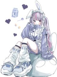 1girl animal_ears apron baggy_socks blunt_bangs blush bow calflet candy cattleya_regina_games commentary fake_animal_ears food grey_hair grey_jacket hair_bow hair_ornament hanada_ten heart heart_hair_ornament high_collar jacket jersey_maid lollipop long_hair long_sleeves maid maid_apron maid_headdress milk_carton multicolored_hair multiple_hair_bows pixel_heart rabbit_ears rabbit_hair_ornament shoes sitting sleeves_past_fingers sleeves_past_wrists sneakers socks solo star_(symbol) streaked_hair thick_eyebrows tosaki_mimi tosaki_mimi_(4th_costume) track_jacket twintails unconventional_maid virtual_youtuber vspo! white_background white_footwear white_socks