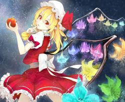 Rule 34 | 1girl, apple, ascot, bad id, bad pixiv id, blonde hair, blue flower, blurry, bow, closed mouth, cowboy shot, crystal, depth of field, finger to mouth, fingernails, flandre scarlet, flower, food, frilled skirt, frilled sleeves, frills, fruit, glowing flower, green flower, hair between eyes, hat, hat bow, hat ribbon, head tilt, holding, holding food, holding fruit, light particles, long fingernails, long hair, looking at viewer, mob cap, nail polish, one side up, pink flower, pointy ears, puffy short sleeves, puffy sleeves, purple flower, red bow, red eyes, red nails, red ribbon, red skirt, red vest, ribbon, sharp fingernails, shirt, short sleeves, shushing, skirt, skirt set, smile, solo, somalisu, touhou, vest, white bow, white hat, white shirt, wings, yellow flower