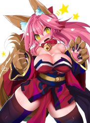 Rule 34 | 1girl, animal ear fluff, animal ears, animal hands, bell, black legwear, blush, breasts, cat paws, cleavage, collar, commentary, commentary request, fang, fate/grand order, fate (series), fox ears, fox girl, fox tail, gloves, hair ribbon, highres, jingle bell, large breasts, long hair, nagai wataru, neck bell, nose blush, open mouth, paw gloves, pink hair, ponytail, red ribbon, ribbon, simple background, solo, tail, tamamo (fate), tamamo cat (fate), tamamo cat (first ascension) (fate), white background, yellow eyes