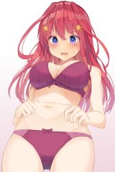 Rule 34 | 1girl, :d, bare arms, bare shoulders, belly grab, blue eyes, bra, breasts, cleavage, cowboy shot, crotch seam, go-toubun no hanayome, gradient background, hair ornament, highres, large breasts, long hair, looking at viewer, mizuki ryuu, nakano itsuki, navel, open mouth, panties, plump, purple bra, purple panties, red hair, smile, solo, star (symbol), star hair ornament, sweat, underwear, underwear only, v-shaped eyebrows, weight conscious, white background