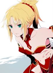 Rule 34 | 1girl, bare shoulders, blonde hair, bra, braid, breasts, closed mouth, detached sleeves, fate/apocrypha, fate (series), fingernails, green eyes, hair ornament, hair scrunchie, ica, leaning forward, mordred (fate), mordred (fate/apocrypha), nail polish, navel, pelvic curtain, pink nails, ponytail, red bra, scrunchie, small breasts, solo, underwear, upper body, white background