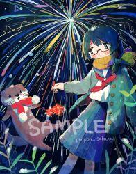Rule 34 | 1girl, absurdres, aerial fireworks, animal, black hair, blush, buttons, closed mouth, clothed animal, commission, feet out of frame, fireworks, glasses, grey jacket, grey sailor collar, grey skirt, highres, holding fireworks, jacket, long hair, long sleeves, mamei mema, neckerchief, night, open clothes, open jacket, original, otter, outdoors, plant, pleated skirt, red neckerchief, sailor collar, sailor shirt, sample watermark, scarf, school uniform, semi-rimless eyewear, serafuku, shirt, side ponytail, skeb commission, skirt, solo, sparkler, standing, tareme, twitter username, under-rim eyewear, watermark, white shirt, yellow scarf