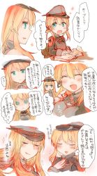 Rule 34 | 10s, 2girls, :&lt;, aqua eyes, bare shoulders, bismarck (kancolle), blonde hair, blush, book, brown gloves, chibi, closed eyes, comic, cross, eyebrows, finger to mouth, flower, gloves, hair between eyes, hand on own chest, hat, highres, iron cross, kantai collection, long hair, long sleeves, military, military uniform, multiple girls, open mouth, peaked cap, prinz eugen (kancolle), sideways mouth, simple background, smile, solid circle eyes, sparkle, speech bubble, suna kiririto, sweat, thought bubble, translation request, twintails, uniform, white background, white gloves