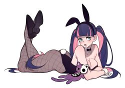 Rule 34 | 1girl, animal ears, ass, bare shoulders, black bow, black bowtie, black footwear, black hair, black leotard, blunt bangs, blush, bow, bowtie, breasts, cleavage, collar, crossed arms, detached collar, fake animal ears, fake tail, feet up, fishnet pantyhose, fishnets, grey eyes, highres, kita-kun, large breasts, leotard, long hair, looking at viewer, lying, multicolored hair, on stomach, panty &amp; stocking with garterbelt, pantyhose, pink hair, playboy bunny, rabbit ears, rabbit tail, simple background, solo, stocking (psg), stuffed animal, stuffed cat, stuffed toy, tail, twintails, white background, white collar, wrist cuffs