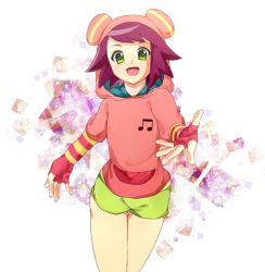 Rule 34 | 1girl, bare legs, capcom, child, fingerless gloves, gloves, green eyes, sonia strumm (mega man), hood, hoodie, looking at viewer, musical note, outstretched arm, patterned background, purple hair, reaching, reaching towards viewer, mega man (series), mega man star force, sakuraba (cerisier x), short hair, shorts, simple background, solo