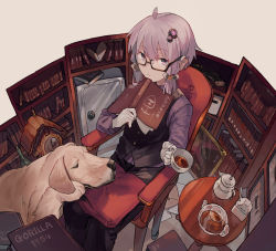 Rule 34 | 1girl, ahoge, alternate costume, animal, bespectacled, black-framed eyewear, black pants, black vest, book, bookshelf, clock, closed mouth, cuckoo clock, cup, dog, expressionless, from above, glasses, gloves, gun, hair ornament, hitogome, holding, holding book, holding cup, long sleeves, looking at viewer, looking up, miniskirt, open book, painting (object), pants, purple eyes, purple hair, purple shirt, safe (container), semi-rimless eyewear, shirt, short hair with long locks, sidelocks, skirt, solo, tea, teacup, teapot, under-rim eyewear, vest, vocaloid, voiceroid, weapon, white gloves, yuzuki yukari