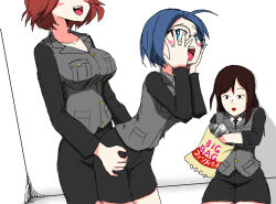 3girls azumi_(girls_und_panzer) black_skirt black_sleeves blue_hair breasts brown_hair chips_(food) collarbone collared_shirt dry_humping food girls_und_panzer grey_hair grey_jacket highres humping jacket large_breasts long_hair megumi_(girls_und_panzer) meme multiple_girls parody pencil_skirt potato_chips potechi_aneki_(meme) red_hair rumi_(girls_und_panzer) selection_university_military_uniform shirt skirt white_shirt wide_(oryotyobi) yuri