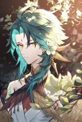 Rule 34 | 1boy, absurdres, alternate costume, aqua hair, arm tattoo, black hair, blurry, blurry foreground, branch, bud, facial mark, feather hair, feathers, flower, forehead mark, genshin impact, gradient hair, hair flower, hair ornament, highres, hisehisekin, jewelry, looking at viewer, makeup, male focus, multicolored hair, parted lips, solo, tattoo, xiao (genshin impact), yellow eyes