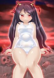 Rule 34 | 1girl, bare arms, bare shoulders, black hair, blush, breasts, closed mouth, collarbone, frown, highres, horns, long hair, medium breasts, navel, nippaku zanmu, one-piece swimsuit, oni, oni horns, red eyes, red sky, rock, shiny skin, sitting, sitting on rock, skull, sky, solo, swimsuit, thick thighs, thighs, tight clothes, touhou, v-shaped eyebrows, wavy mouth, white swimsuit, winn, yellow horns
