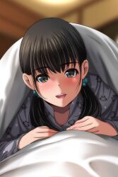 Rule 34 | 1girl, absurdres, bed sheet, black hair, black pajamas, blurry, blurry background, blush, brown eyes, hair bobbles, hair ornament, highres, looking at viewer, lying, matsunaga kouyou, on stomach, open mouth, original, pajamas, short twintails, smile, solo, teeth, twintails, under covers, upper teeth only