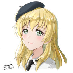 Rule 34 | 10s, 1girl, anzio school uniform, artist name, bad id, bad tumblr id, beret, black hat, black necktie, blonde hair, carpaccio (girls und panzer), closed mouth, cropped neck, dated, dress shirt, girls und panzer, green eyes, hat, long hair, looking at viewer, necktie, portrait, school uniform, shamakho, shirt, signature, simple background, smile, solo, white background, white shirt, wing collar