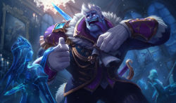 Rule 34 | absurdres, alternate costume, bad source, blue eyes, blue skin, blurry, blurry background, candle, castle, chandelier, coat, colored skin, crowgod, dr. mundo, feet out of frame, frozen, frozen prince mundo, gauntlets, giant, gloves, glowing, glowing eyes, highres, ice, ice king twitch, league of legends, looking to the side, muscular, muscular male, portrait (object), short hair, shoulder pads, size difference, snow, snowing, statue, sword, teeth, tongue, tongue out, twitch (league of legends), weapon, white hair