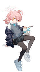 Rule 34 | 1girl, :o, absurdres, ahoge, aqua necktie, aqua scarf, black pantyhose, black skirt, blue archive, blue coat, blush, coat, duffel coat, eco 376124, full body, grey cat, grey sweater vest, halo, heterochromia, highres, hoshino (blue archive), invisible chair, looking at viewer, necktie, pantyhose, pink hair, ponytail, scarf, school uniform, shirt, shoes, simple background, sitting, skirt, sneakers, solo, sweater vest, white background, white footwear, white shirt