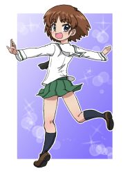 Rule 34 | 1girl, :d, black neckerchief, black socks, blouse, blue background, blue eyes, brown footwear, brown hair, commentary, from behind, girls und panzer, green skirt, loafers, long sleeves, looking at viewer, looking back, miniskirt, neckerchief, ooarai school uniform, open mouth, outline, outside border, outstretched arms, pleated skirt, running, sailor collar, sakaguchi karina, school uniform, serafuku, shirt, shoes, short hair, skirt, smile, socks, solo, sparkle, spread arms, takahashi kurage, white outline, white sailor collar, white shirt