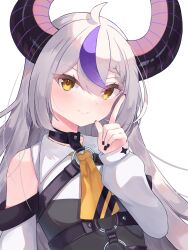 Rule 34 | 1girl, ahoge, ascot, black choker, black nails, braid, choker, commentary request, demon horns, detached sleeves, grey hair, highres, hololive, horns, index finger raised, la+ darknesss, long hair, multicolored hair, o-ring, purple hair, smile, solo, streaked hair, striped horns, suiso kurage (user ncer3537), two-tone hair, upper body, virtual youtuber, yellow ascot, yellow eyes