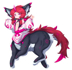 Rule 34 | 1girl, absurdres, animal ears, bare shoulders, black fur, breasts, centauroid, chinese commentary, cleavage, closed mouth, commentary request, fox ears, fox tail, full body, highres, horns, japanese clothes, kimono, long hair, long sleeves, looking at viewer, monster girl, multiple legs, navel, off shoulder, original, parted bangs, pink eyes, red hair, rope, scales, shimenawa, sidelocks, simple background, single horn, smile, solo, sora sakura, standing, stomach, tail, taur, thick eyebrows, white background, white kimono, wide sleeves