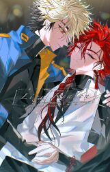 2boys absurdres artist_name black_hair black_shirt blonde_hair blue_jacket braid closed_eyes closed_mouth earrings english_text hair_between_eyes highres jacket jewelry liaoxiaoyan0919 long_hair long_sleeves looking_at_another male_focus multicolored_hair multicolored_jacket multiple_boys rain red_eyes red_hair sample_watermark shiguang_dailiren shirt short_hair single_braid spiked_hair turtleneck two-tone_hair watermark xia_fei xiao_weiying yaoi yellow_eyes