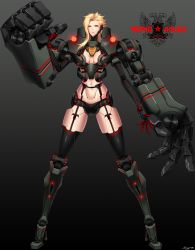 Rule 34 | 1girl, absurdres, android, armor, artist request, bird, blonde hair, breasts, cherno alpha, eagle, emblem, glowing, highres, incinerator turbines, jaeger (pacific rim), large breasts, legendary pictures, leotard, long hair, pacific rim, pan pacific defense corps, personification, red eyes, roll of nickels (pacific rim), sigm@, solo, thong, two-headed eagle